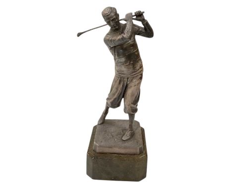 WILHELM ZWICK (1839-1916); a spelter figure of a golfer, raised on square marble plinth base and signed 'W. Zwick' to base, h
