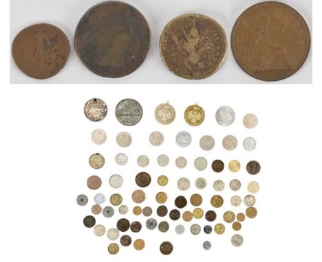 An Elizabeth II one penny error/misstrike coin, three Roman period coins and a mixed collection of world coins, three commemo