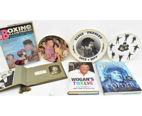 CELEBRITY RELATED COLLECTIBLES; to include a Beatles plate and two Elvis printed plates, a copy of Boxing Illustrated signed 