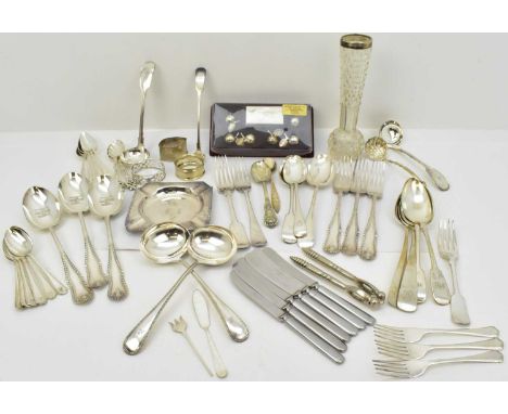 Various items of silver plated cutlery, a cut glass bud vase with hallmarked silver rim, a set of six place markers in the fo