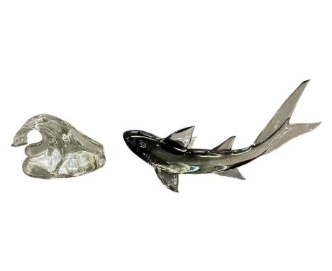 A large glass sculpture in the form of a leaping shark in smoky tones, in the style of Murano, on separate glass base, the ba