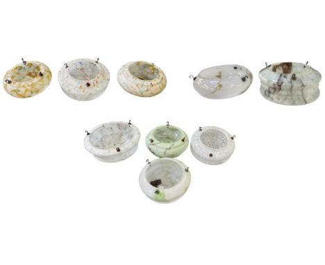 Four 1950s coloured art glass plafonniers, comprising one green, two white and a green and white example, the largest diamete