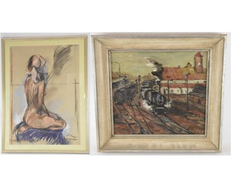 † ARTUR EITLER; oil on board, 'Train on the Tracks', signed lower right, 30 x 33cm, framed, and an unattributed pastel of dra
