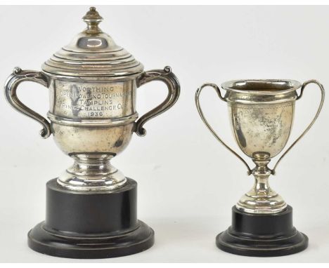ADIE BROTHERS LTD; a George VI hallmarked silver twin handled lidded trophy cup, inscribed 'Worthing Open Bowling Tournament,