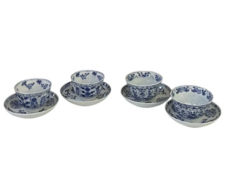A set of four late 18th/early 19th century Chinese blue and white porcelain saucers, diameter 9cm, a pair of 19th century Chi