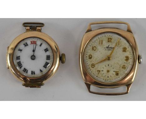 Two 9ct yellow gold cased wristwatch heads, including an Avia example with 17 jewel movement, diameter of dial 2.6cm excludin
