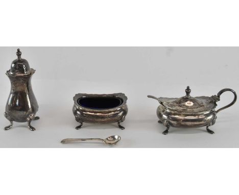 WILLIAM SUCKLING; an Elizabeth II hallmarked silver three piece cruet, comprising salt seller, mustard, pepperette, with two 