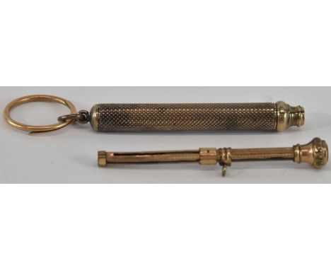 A yellow metal agate set propelling pencil, length 5.8cm, and a white metal propelling pencil, with engine turned decoration,