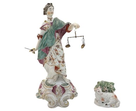 A late 18th/early 19th century Derby porcelain figure of 'Justice', holding weighing scale and sword, height 32.5cm, and a fu