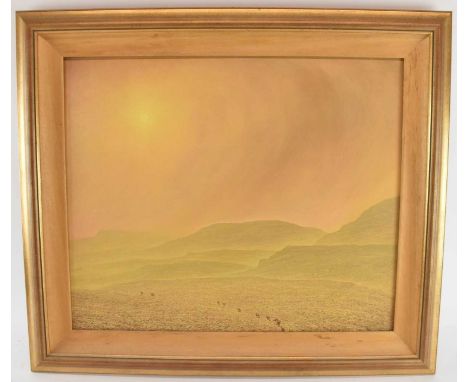 † STEVEN OUTRAM (born 1953); oil on canvas, desert scene, camels walking amongst mountainous landscape, 51 x 61.5cm, framed.C