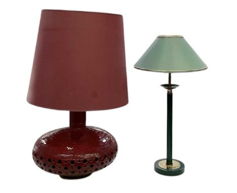 A 1970s abstract red glazed pottery squat table lamp, with red shade, height including shade 65cm, and a modern brass and gre