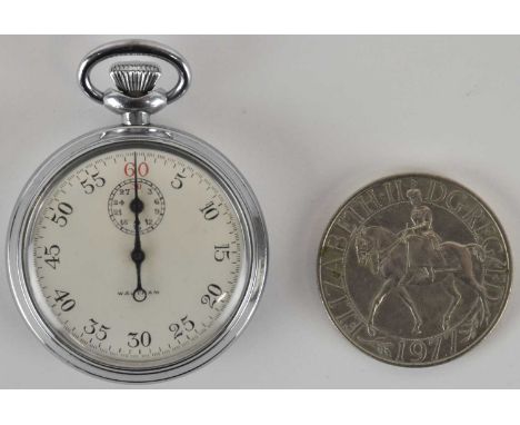 WALTHAM; a chrome plated half hunter stopwatch, the white painted dial set with Arabic numerals and subsidiary seconds, and i