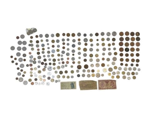A collection of assorted GB and all world coins and banknotes, including two Bank of Zambia fifty ngwee banknotes, a further 