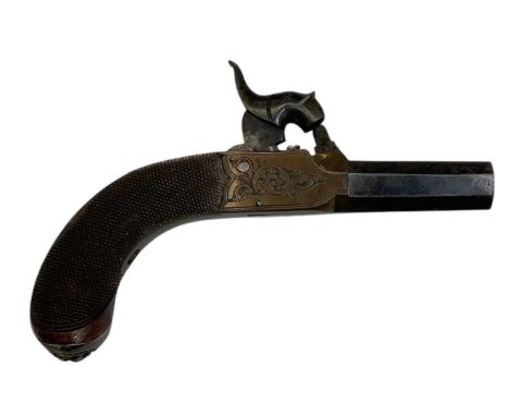A 19th century percussion cap muff pistol, length of barrel approx 4cm, overall length approx 12cm.