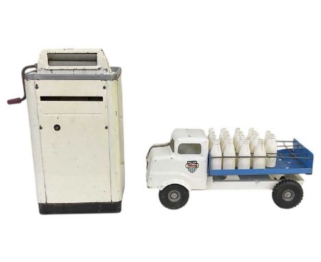 TRI-ANG; a mid 20th century tinplate milk truck and a Hoover white tinplate toy mangle, height 33cm (2).