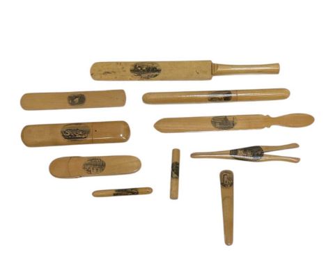 MAUCHLINE WARE; ten items comprising glove stretchers, 'Meggernie Castle, Glen Lyon', length 18cm, spectacles case, 'East Gri