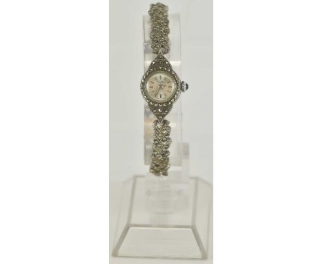 ROTARY; a 925 silver and marcasite lady's cocktail wristwatch, the silvered dial set with baton hour markers and inscribed wi