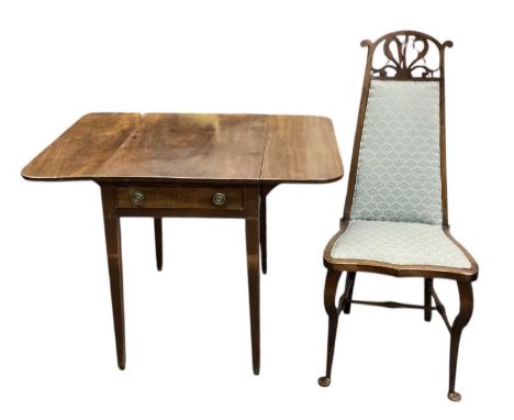 A 19th century drop-leaf table, top 78 x 50cm, with single drawer, and an early 20th century Edwardian Art Nouveau mahogany f