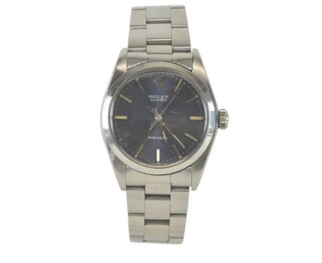 ROLEX; a 1970s gentleman's stainless steel Oyster Precision wristwatch, the blue dial set with baton hour markers, Rolex crow