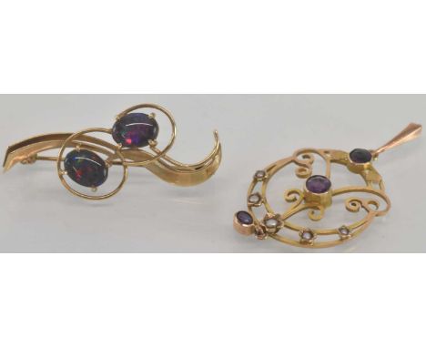 An Edwardian 9ct yellow gold amethyst and seed pearl set pendant and a 9ct yellow gold opal set bar brooch, length 4cm, combi