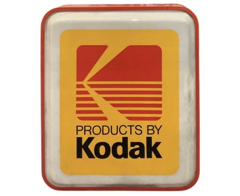 KODAK; a mid century acrylic red metal framed wall hanging light up advertising sign, inscribed 'Products by Kodak', height 6
