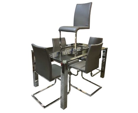 DANETTI; a modern rectangular glass top dining table, on square chrome supports, 140 x 90cm, and a set of five grey leather u