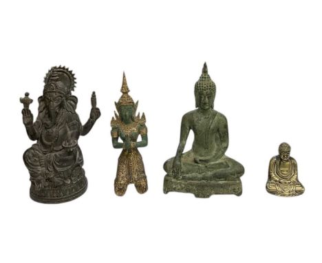 An Indian bronze figure of Ganesh, height 18cm, a Thai patinated bronze figure of seated Buddha, height 18cm, a small brass f