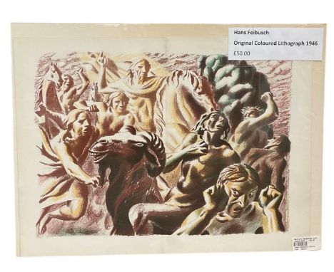 † HANS FEIBUSCH (1898-1998); a hand coloured lithograph of covorting figures and beasts, 37 x 49cm, unframed.