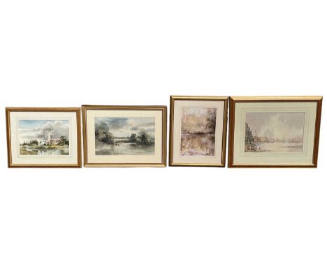 UNATTRIBUTED; three watercolour landscapes, comprising a stream in front of windmill, indistinctly signed 'D. S. Holt' lower 