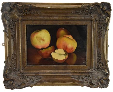 † CHARLES SPENCELAYH (1865-1958); oil on canvas, still life of fruit, 'Apples', signed lower right, 21 x 31cm, gilt framed.Pr