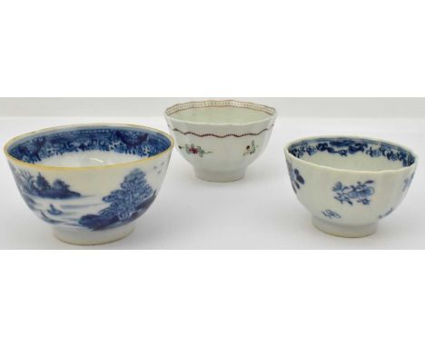 Three 18th century porcelain tea bowls, all unmarked, comprising two English examples, height of smallest 4.5cm, bowl diamete