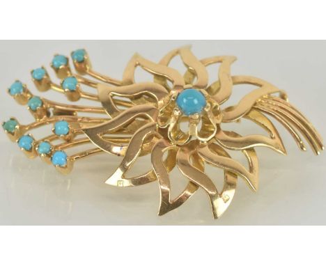 A vintage Egyptian gold brooch of floral design, with claw set turquoise beads and tiny Egyptian style markings to front, len