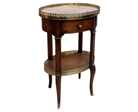 A reproduction French style marble topped oval two tier single drawer side table, with brass mounts, top 44 x 31cm.