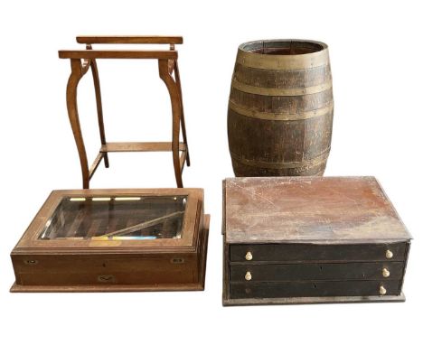 A 19th century brass bound barrel shaped stick stand, height 64cm, a Victorian mahogany gentleman's trouser rail, an early 20
