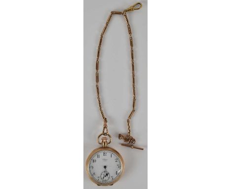 WALTHAM; a 9ct yellow gold half hunter pocket watch, the white painted dial set with Arabic numerals and subsidiary seconds, 