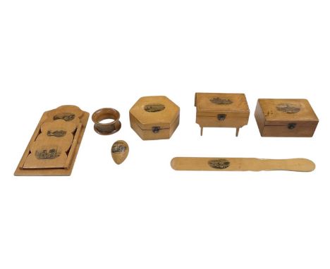 MAUCHLINE WARE; seven pieces comprising a napkin ring, 'The New Houses of Parliament', diameter 5.5cm, a hexagonal hinged lid