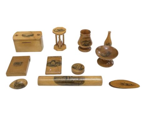 MAUCHLINE WARE; an assortment of items comprising an egg timer, 'Burns' Cottage, Alloway', height 8cm, an egg thimble holder,
