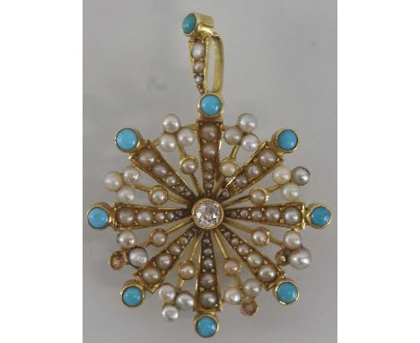 An Edwardian yellow metal seed pearl, turquoise and diamond set pendant, diameter 2.8cm, approx 6.3g.