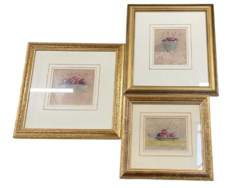 † SUE READ; three watercolours, still lifes of cherries, including cherries in blue and white bowl, cherries in shallow bowl 
