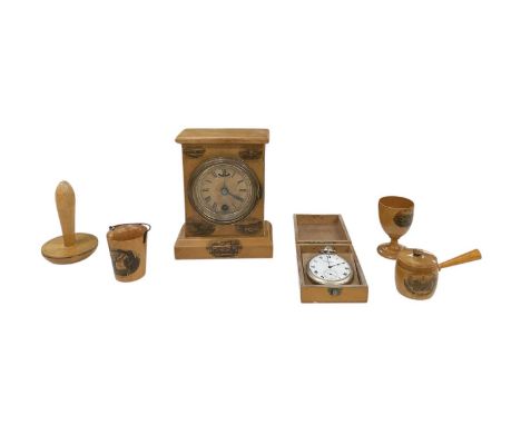 MAUCHLINE WARE; a quantity of assorted Mauchline ware, comprising a thirty hour mantel clock, 'Morecambe New Pier', 'Morecamb