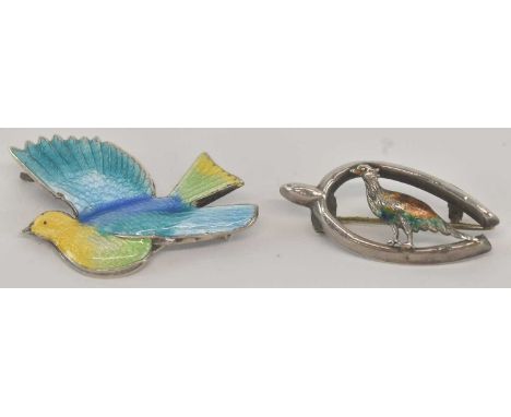 A Scandinavian sterling silver enamelled brooch of a dove in flight, 2.5 x 3.5cm, and a further Birmingham hallmarked silver 