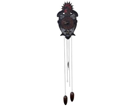 An early 20th century Art Nouveau wall clock, the painted copper dial surmounted with decoration of a chicken, 55 x 31cm, wit