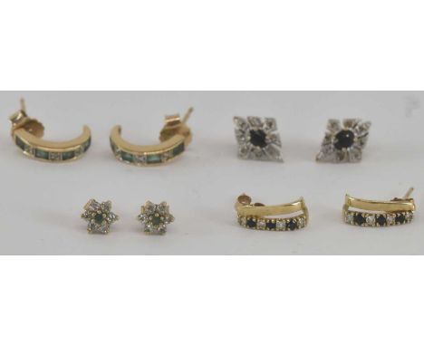 A pair of 9ct yellow gold diamond and emerald set earrings, a pair of 9ct yellow gold blue stone and diamond stud earrings an