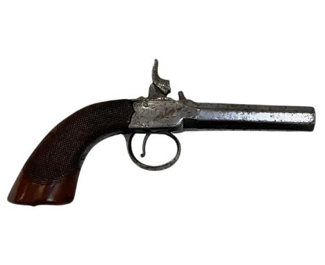 A 19th century percussion cap muff pistol, length of barrel approx 11cm, overall length approx 19.5cm.