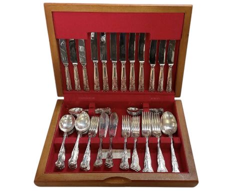 A modern cased six setting silver plated canteen of Kings pattern cutlery, comprising six table forks, six table knives, six 