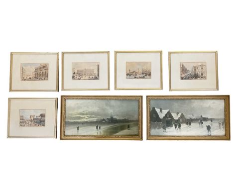 A collection of seven 19th century and later prints, comprising a set of five prints of Victorian street and coastal scenes, 