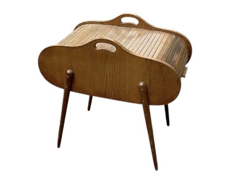 A retro mid century sliding tambour topped sewing basket, height 56.6cm, width 57cm, depth 32cm.