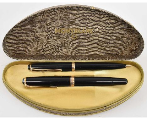 MONTBLANC; a mid century cased two pen set, comprising fountain pen with 14ct yellow gold nib and ballpoint pen (af), in orig