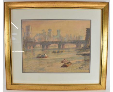 † PAT JOBSON; a pastel drawing, 'Boats on The Thames', signed lower right and inscribed with artist's name verso, 35 x 45cm, 