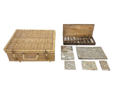 Five mother of pearl card cases, for restoration, a mother of pearl papier-mâché blotter and a case of assorted mother of pea